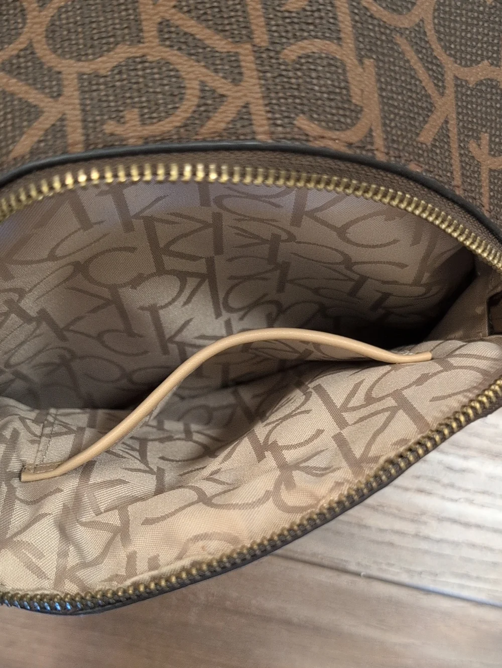 Calvin Klein Brown Monogram Mini Backpack with Tan Handle